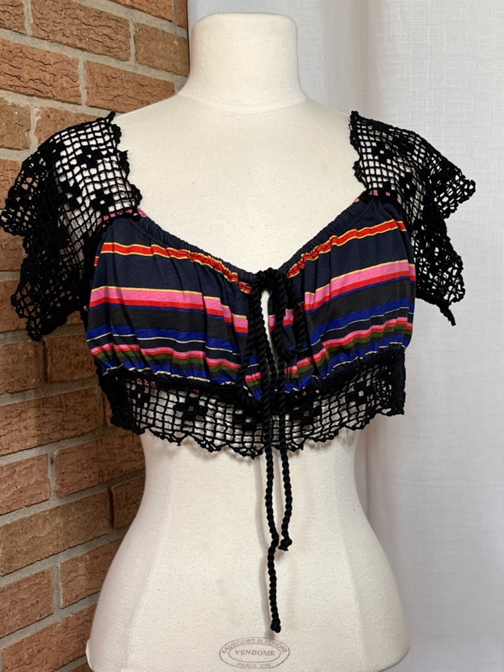Free People Aruba Crochet Crop Top Boho Striped Black Size S